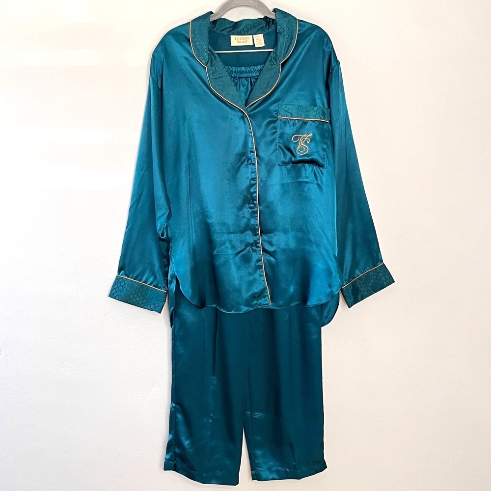 Victoria's Secret Gold Label Satin Sleep Pajama Top‎ & Pants Monogram Sz M Green